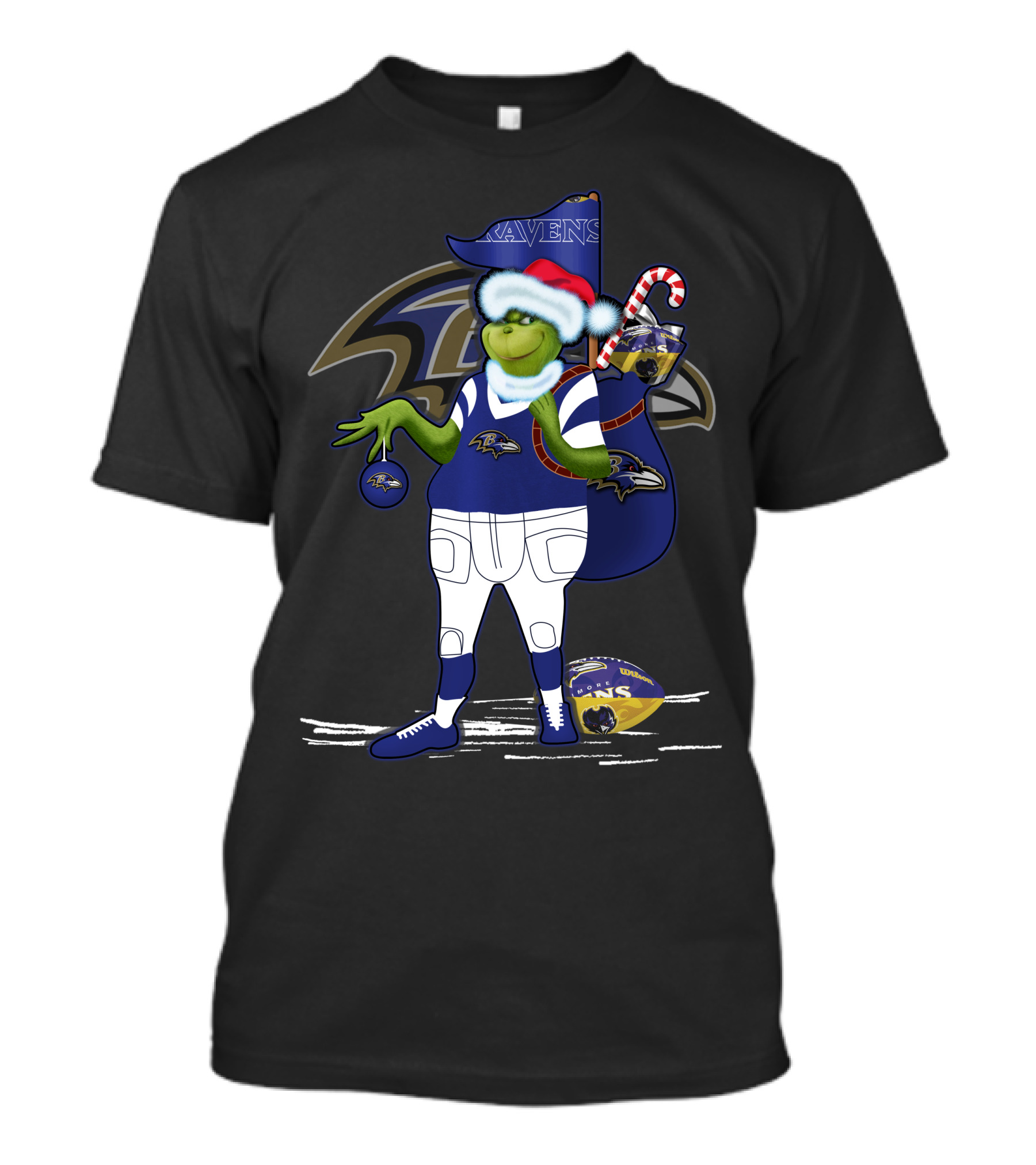 Grinch Santa Holding Candy Cane Bag And Baltimore Ravens Football In Ravens T-Shirt