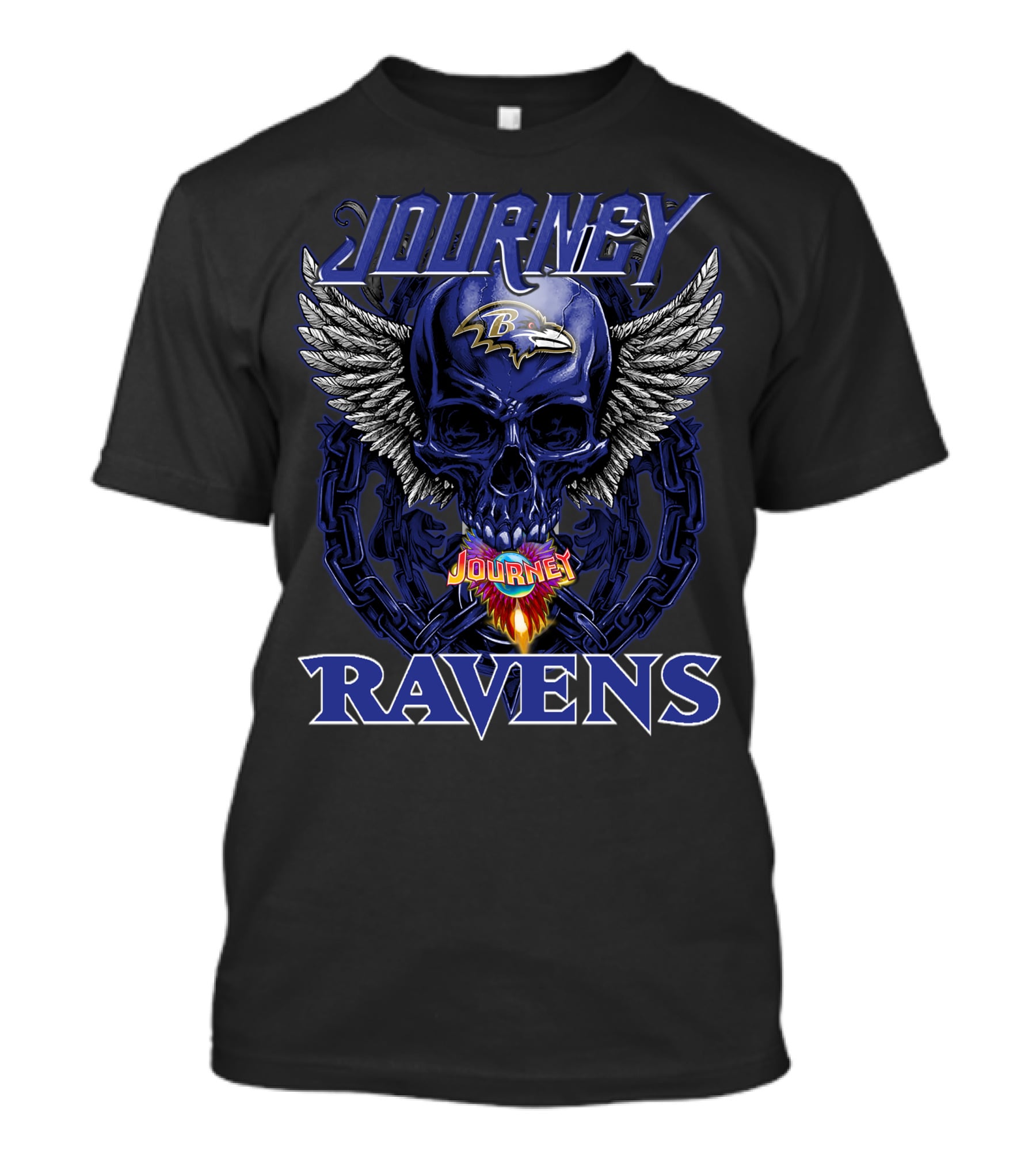 Journey Baltimore Ravens Skull Wings Logo Flames T-Shirt