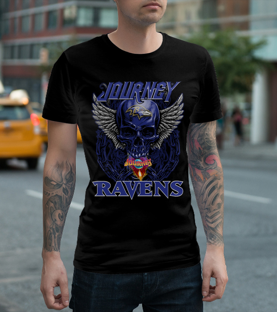 Journey Baltimore Ravens Skull Wings Logo Flames T-Shirt