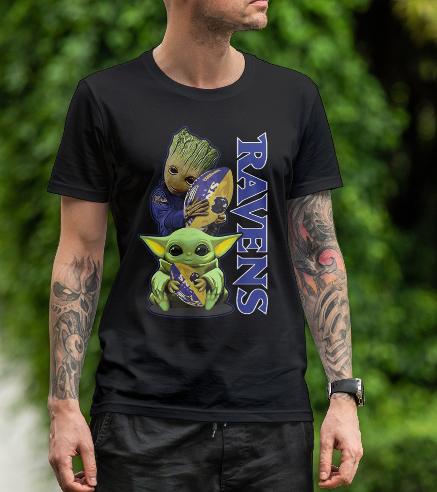 Grzd Baltimore Ravens Baby Yoda And Groot Ravens Football T-Shirt