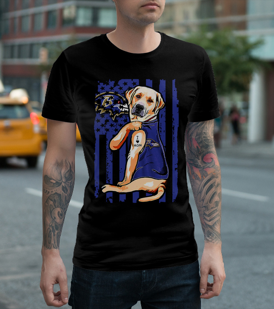 Labrador Retriever in Baltimore Ravens Jersey with I Love Mom Tattoo T-Shirt