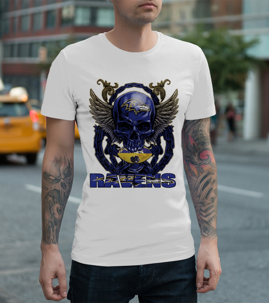 Baltimore Ravens Skullfb Winged Skull Chain T-Shirt