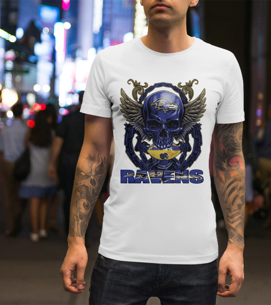 Baltimore Ravens Skullfb Winged Skull Chain T-Shirt
