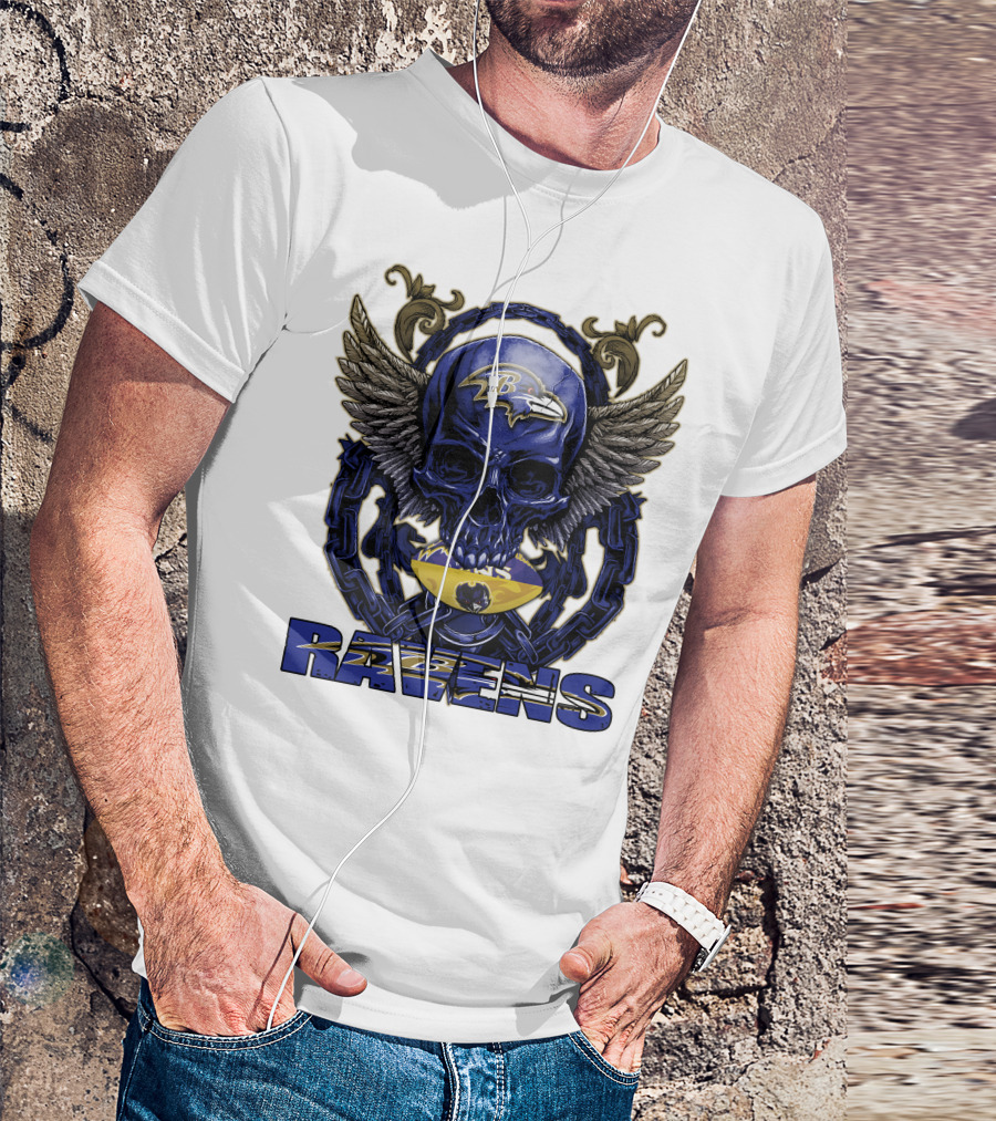 Baltimore Ravens Skullfb Winged Skull Chain T-Shirt