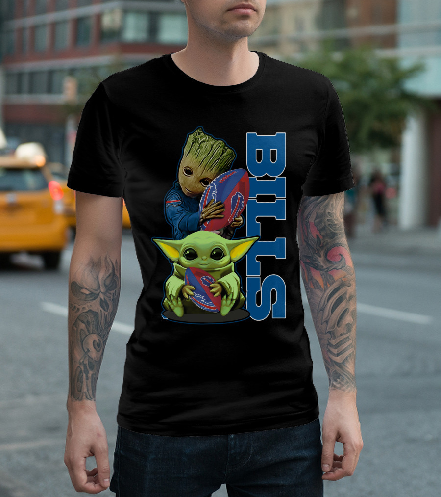 Grzd Buffalo Bills Baby Groot and Baby Yoda Football T-Shirt