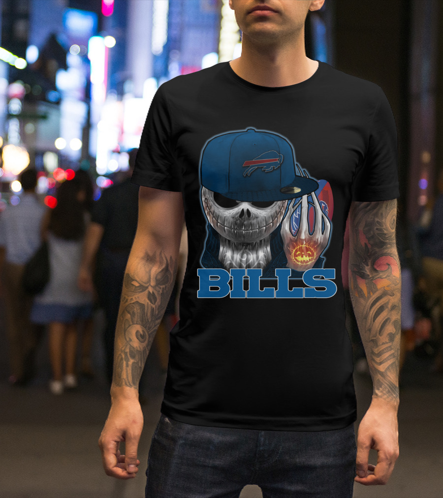 Buffalo Bills Halloween Skull With Pumpkin And Cap T-Shirt