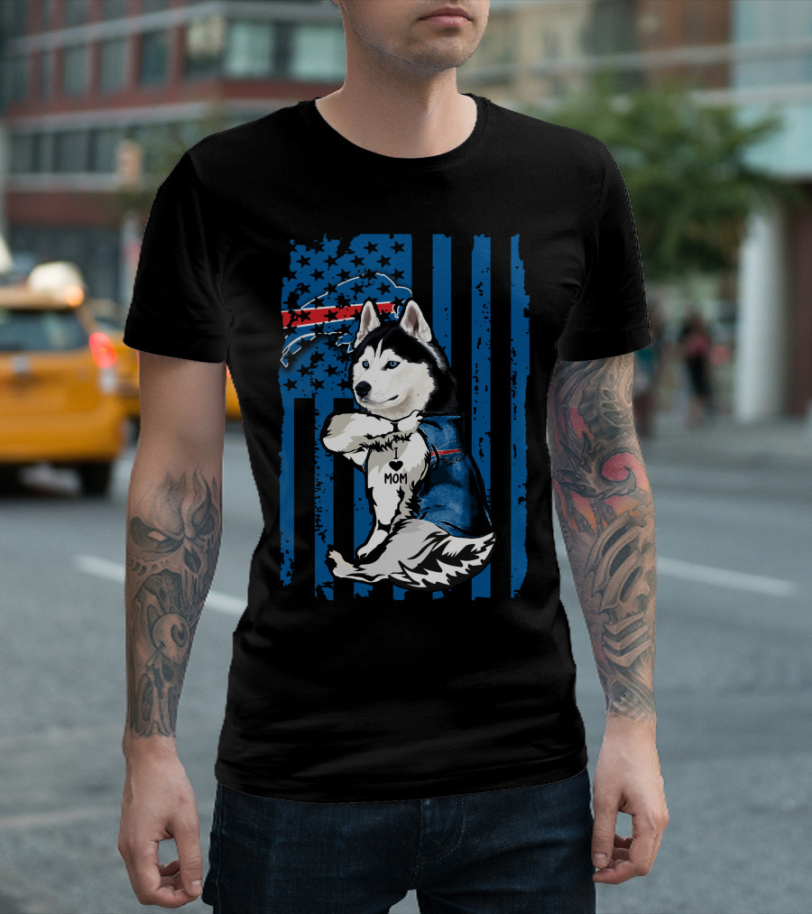 Siberian Husky Mom Buffalo Bills Blue Stars American Flag T-Shirt