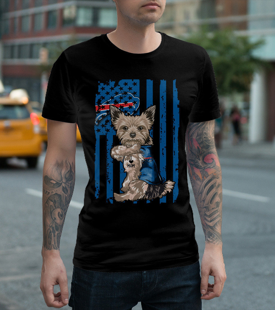 Yorkshire Terrier with I Love Mom Vest and Buffalo Bills Logo on American Flag Background T-Shirt