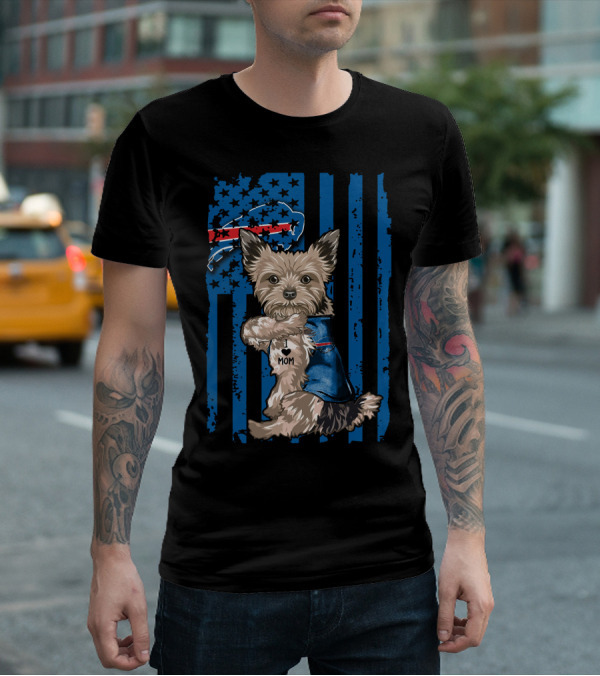Yorkshire Terrier With I Love Mom Vest And Buffalo Bills Logo On American Flag Background T-Shirt