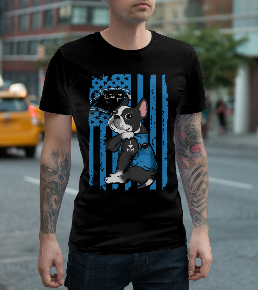 Boston Terrier I Love Mom with Carolina Panthers Blue Stripes T-Shirt