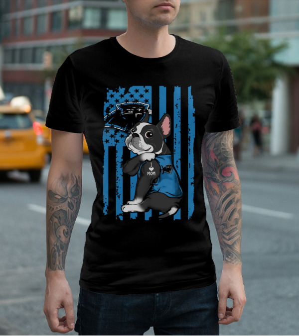 Boston Terrier I Love Mom With Carolina Panthers Blue Stripes T-Shirt