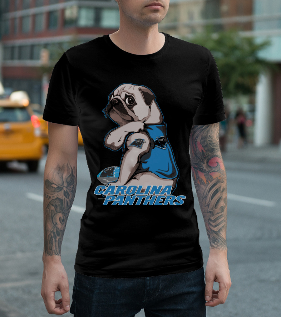 Pug Wearing Carolina Panthers Jersey With Football And Team T-Shirt