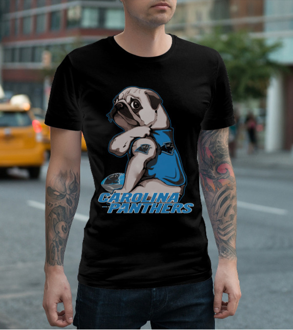 Pug Wearing Carolina Panthers Jersey With Football And Team T-Shirt
