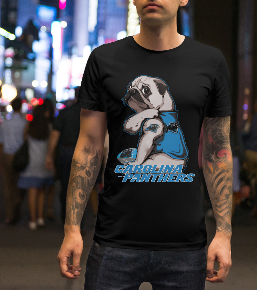 Pug Wearing Carolina Panthers Jersey With Football And Team T-Shirt