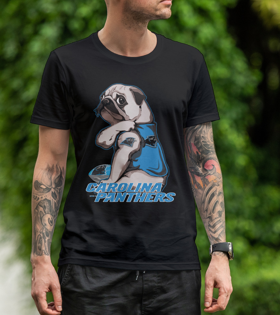 Pug Wearing Carolina Panthers Jersey With Football And Team T-Shirt