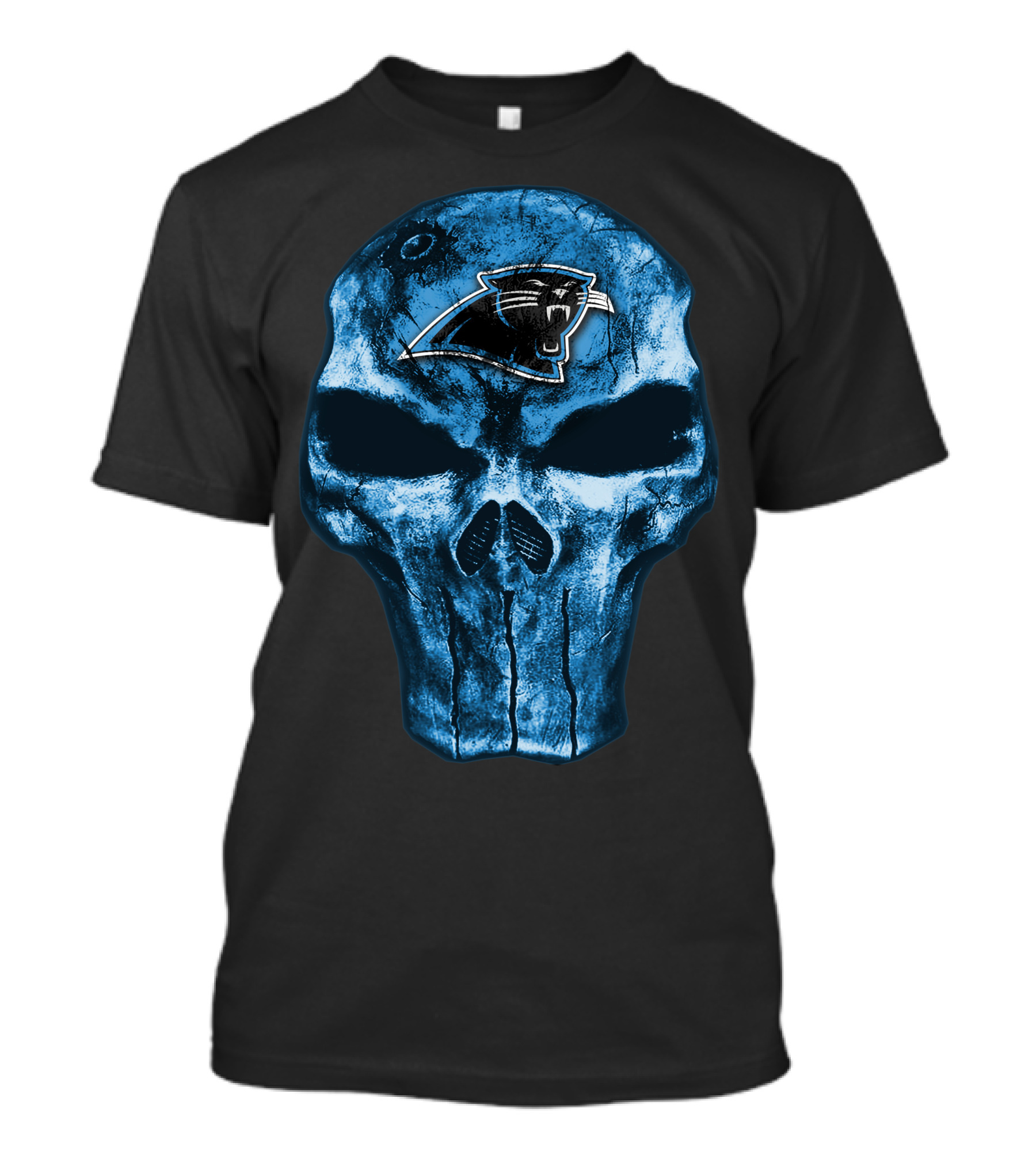 Skull Carolina Panthers Logo On Blue Grunge Background T-Shirt