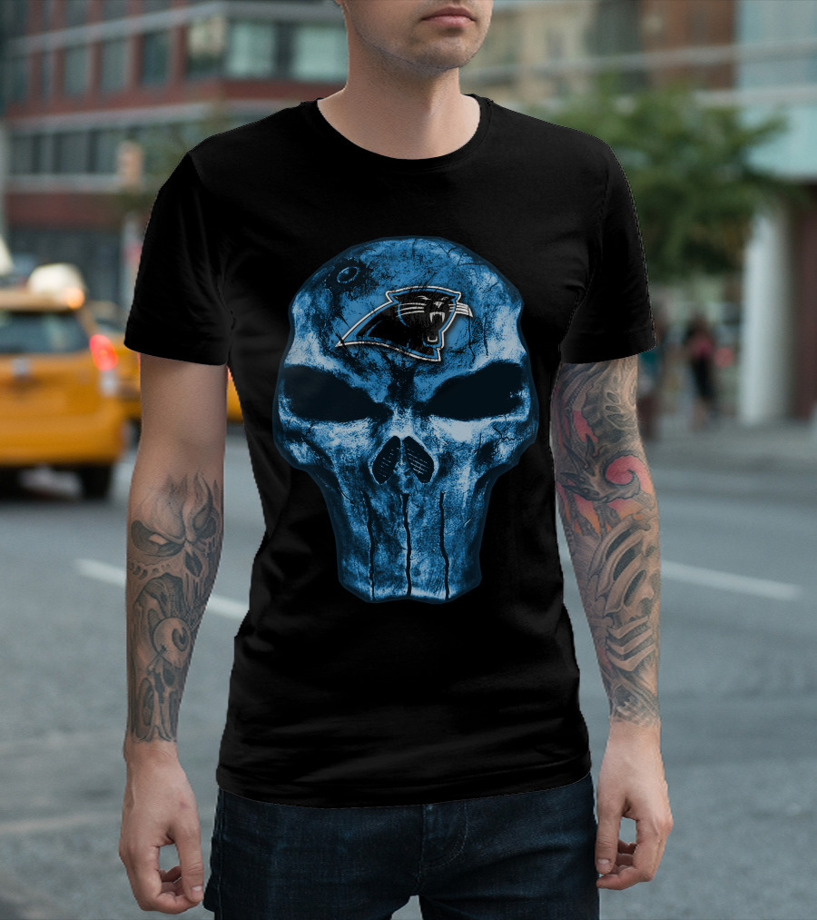 Skull Carolina Panthers Logo On Blue Grunge Background T-Shirt
