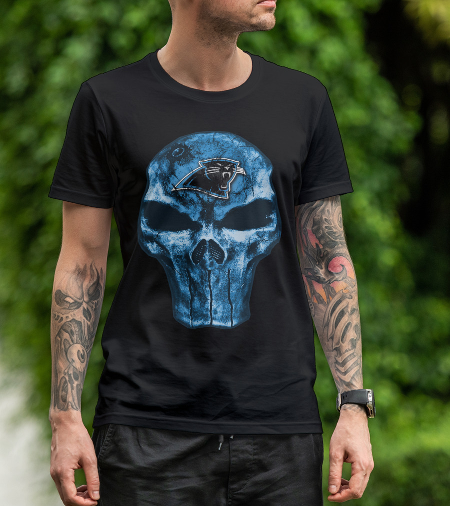 Skull Carolina Panthers Logo On Blue Grunge Background T-Shirt