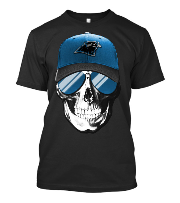 Skull With Blue Hat Featuring Carolina Panthers Logo And Reflective Sunglasses T-Shirt