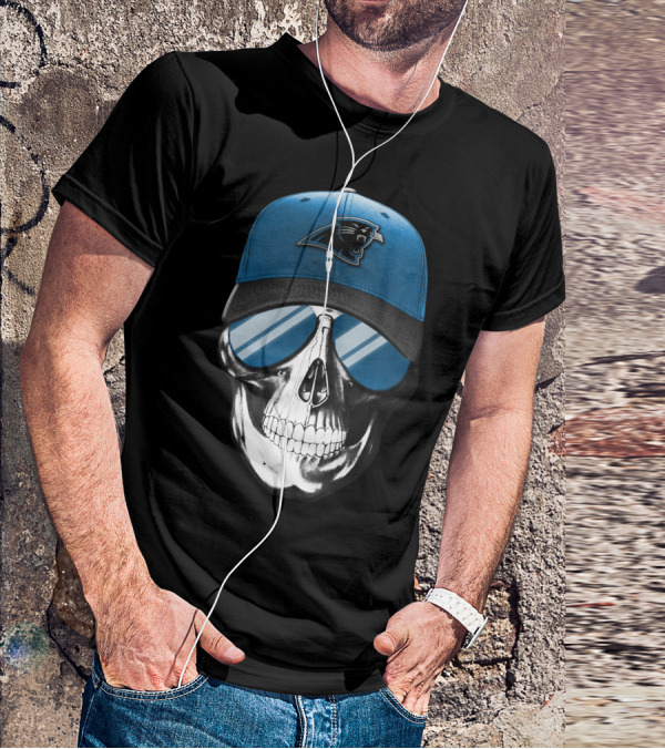 Skull With Blue Hat Featuring Carolina Panthers Logo And Reflective Sunglasses T-Shirt