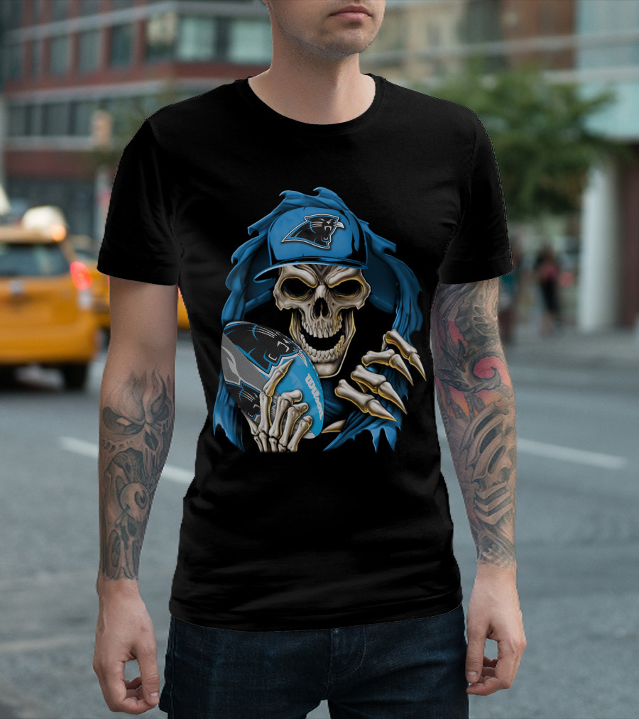 Skullbong Carolina Panthers Football Skeleton With Cap And Ball T-Shirt