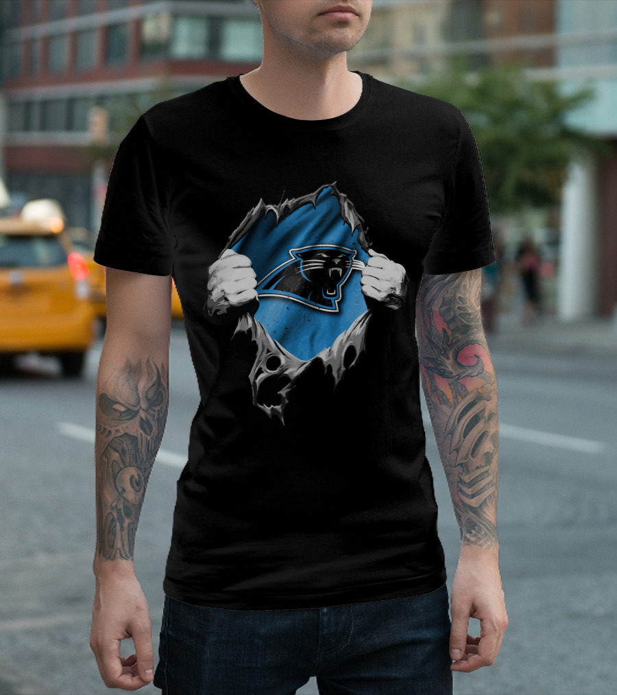 Torn Carolina Panthers Ripped Design With Dynamic Logo Display T-Shirt