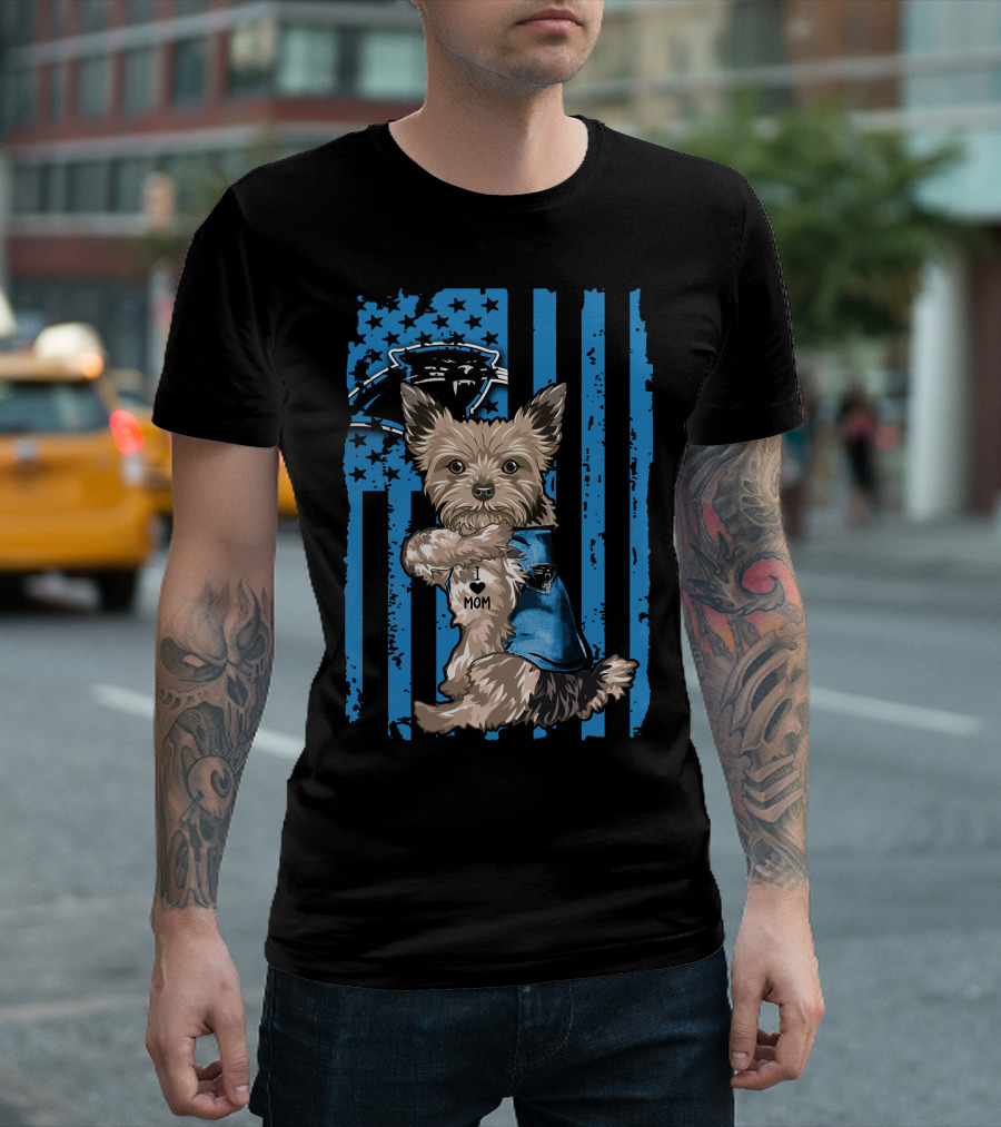 Yorkshire Terrier I Love Mom With Carolina Panthers Flag T-Shirt