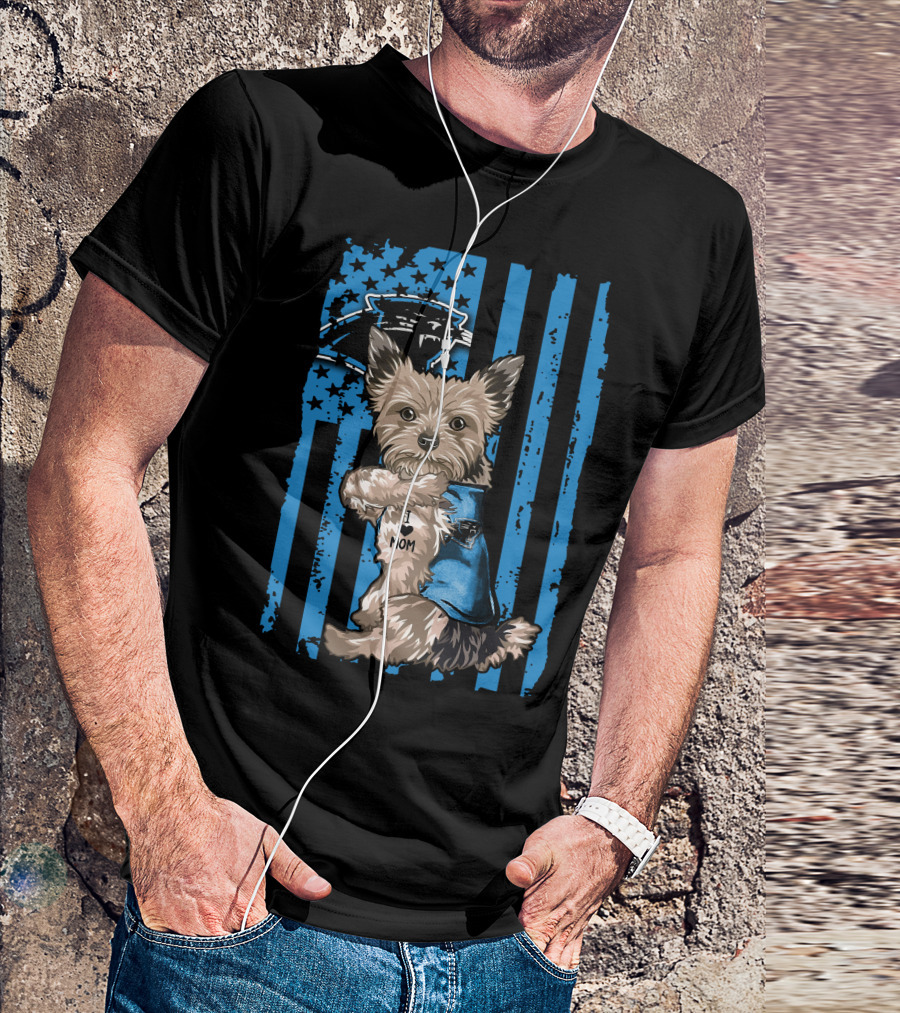 Yorkshire Terrier I Love Mom With Carolina Panthers Flag T-Shirt