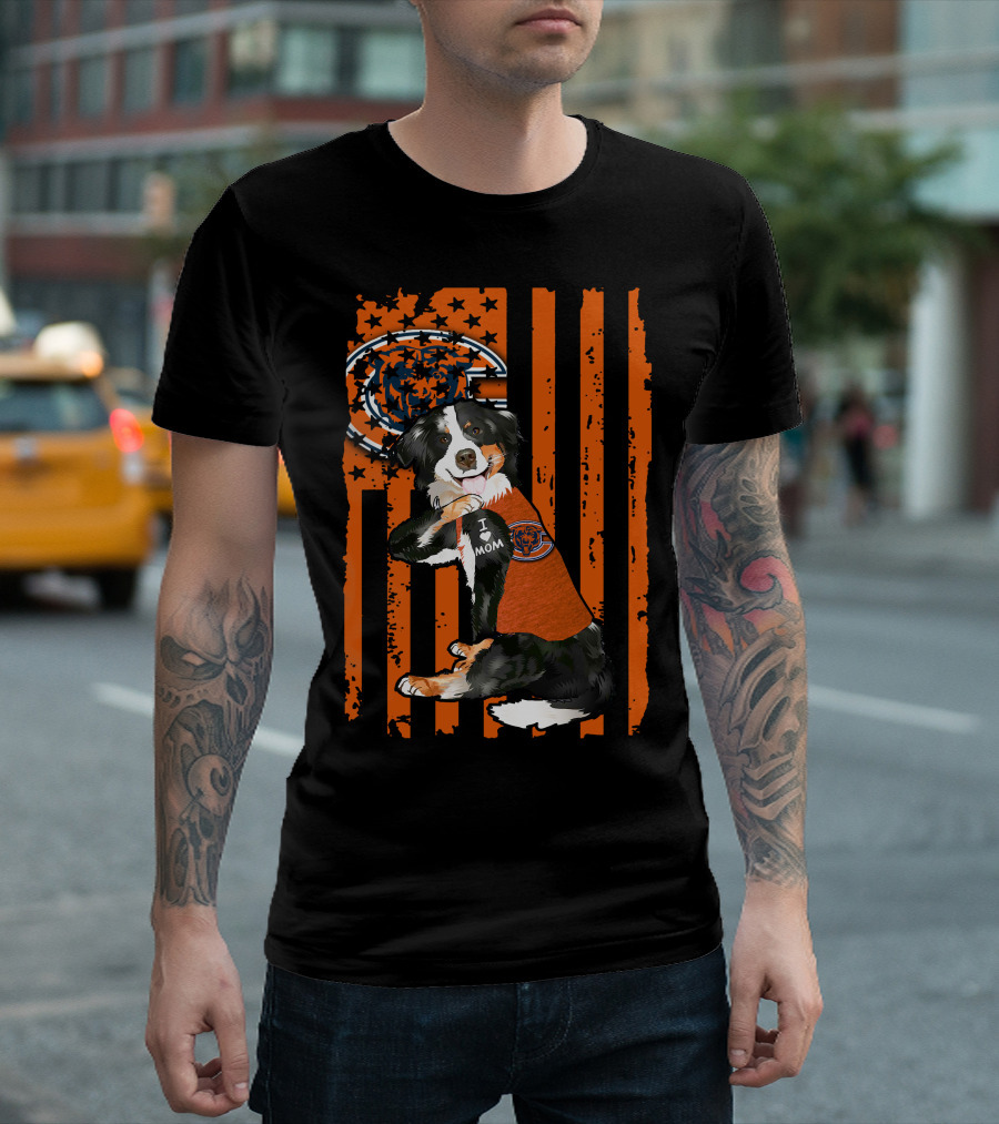 Border Collie I Love Mom Chicago Bears Orange Stripes T-Shirt