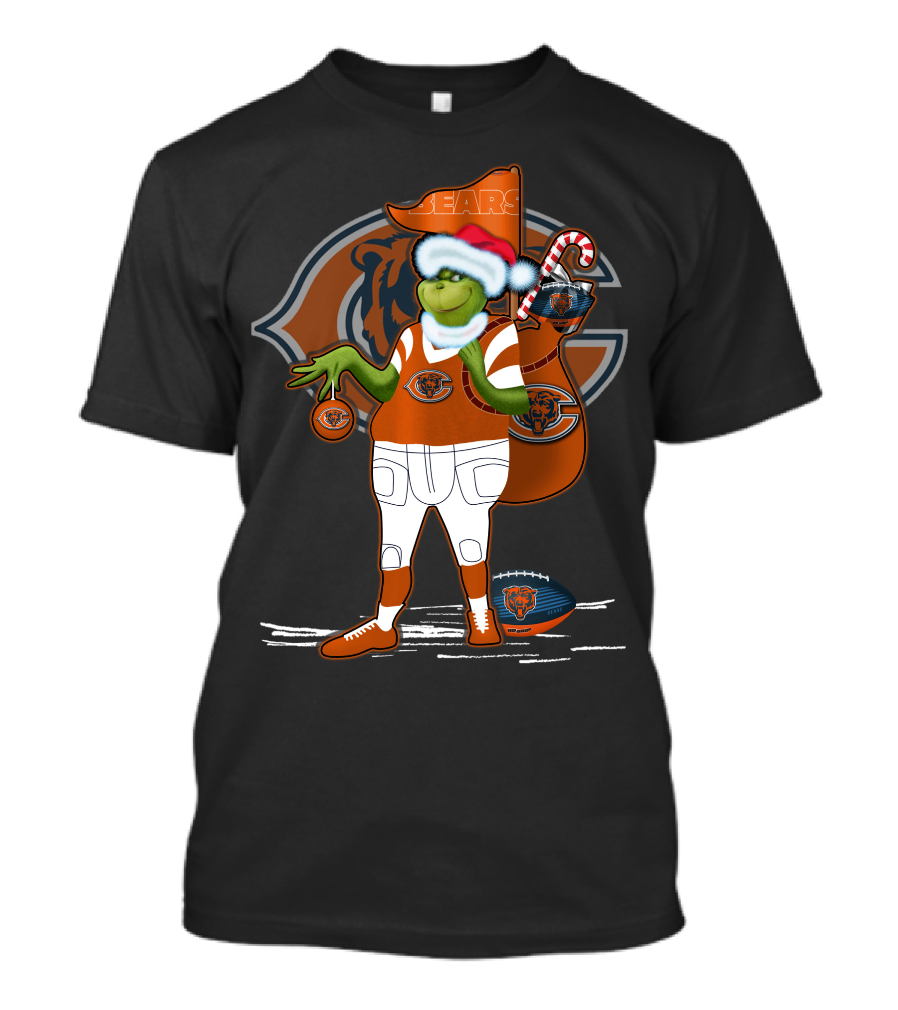 Grinchxmas Chicago Bears Santa Hat Candy Cane Football Sack T-Shirt