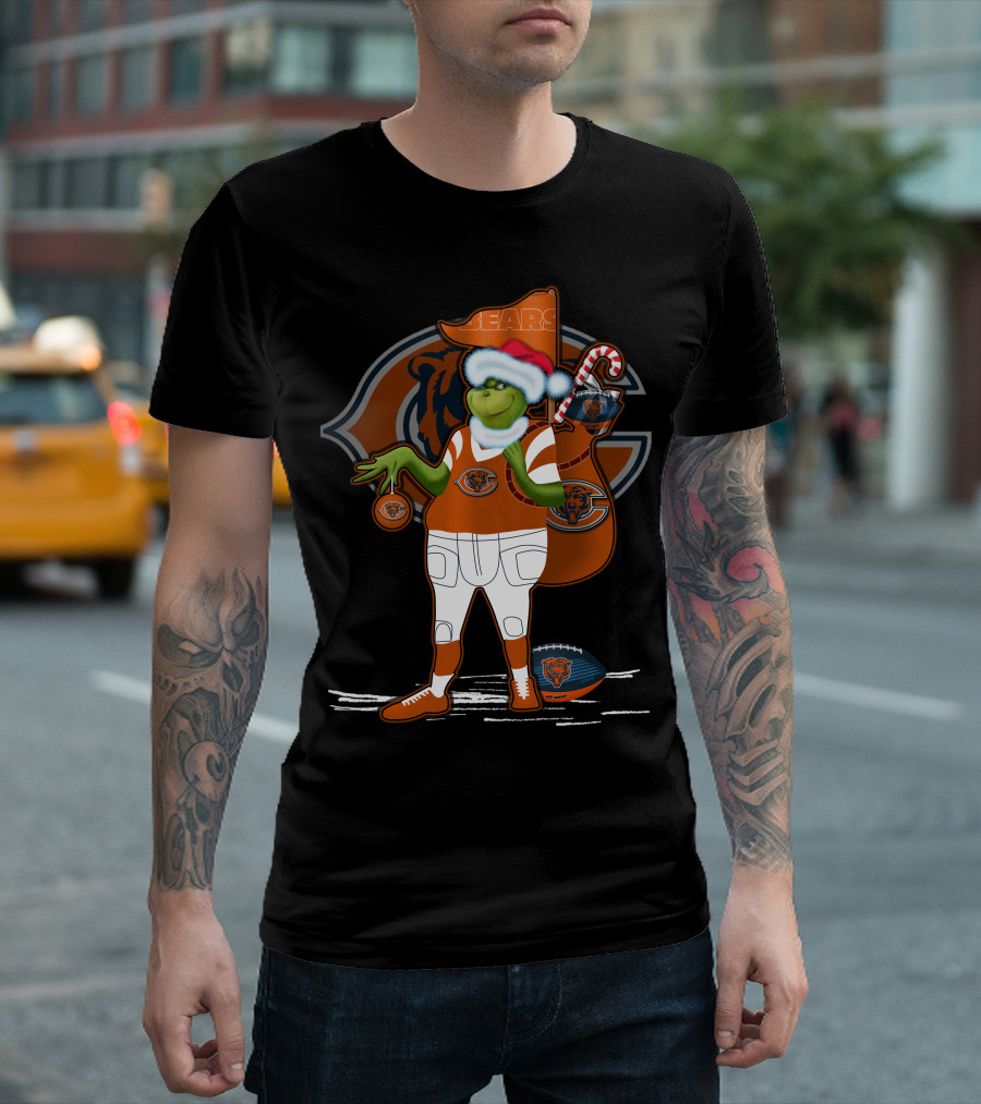 Grinchxmas Chicago Bears Santa Hat Candy Cane Football Sack T-Shirt
