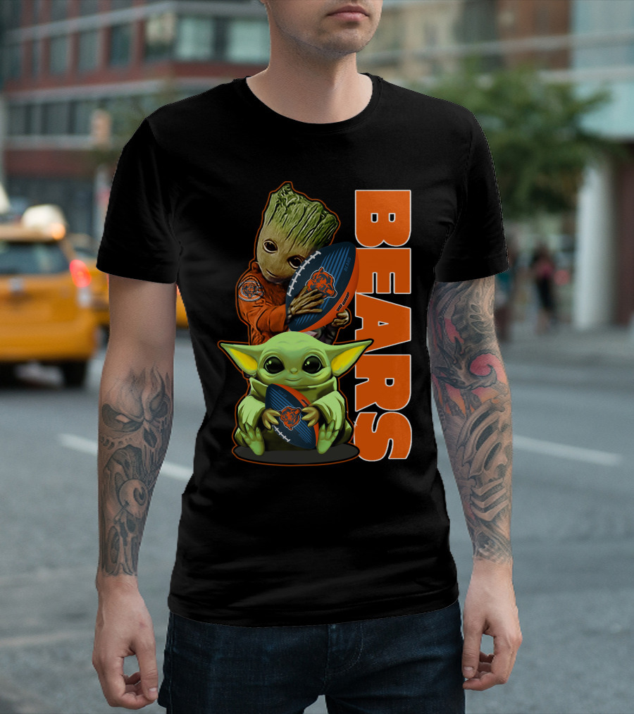Groot and Baby Yoda Holding Chicago Bears Football T-Shirt