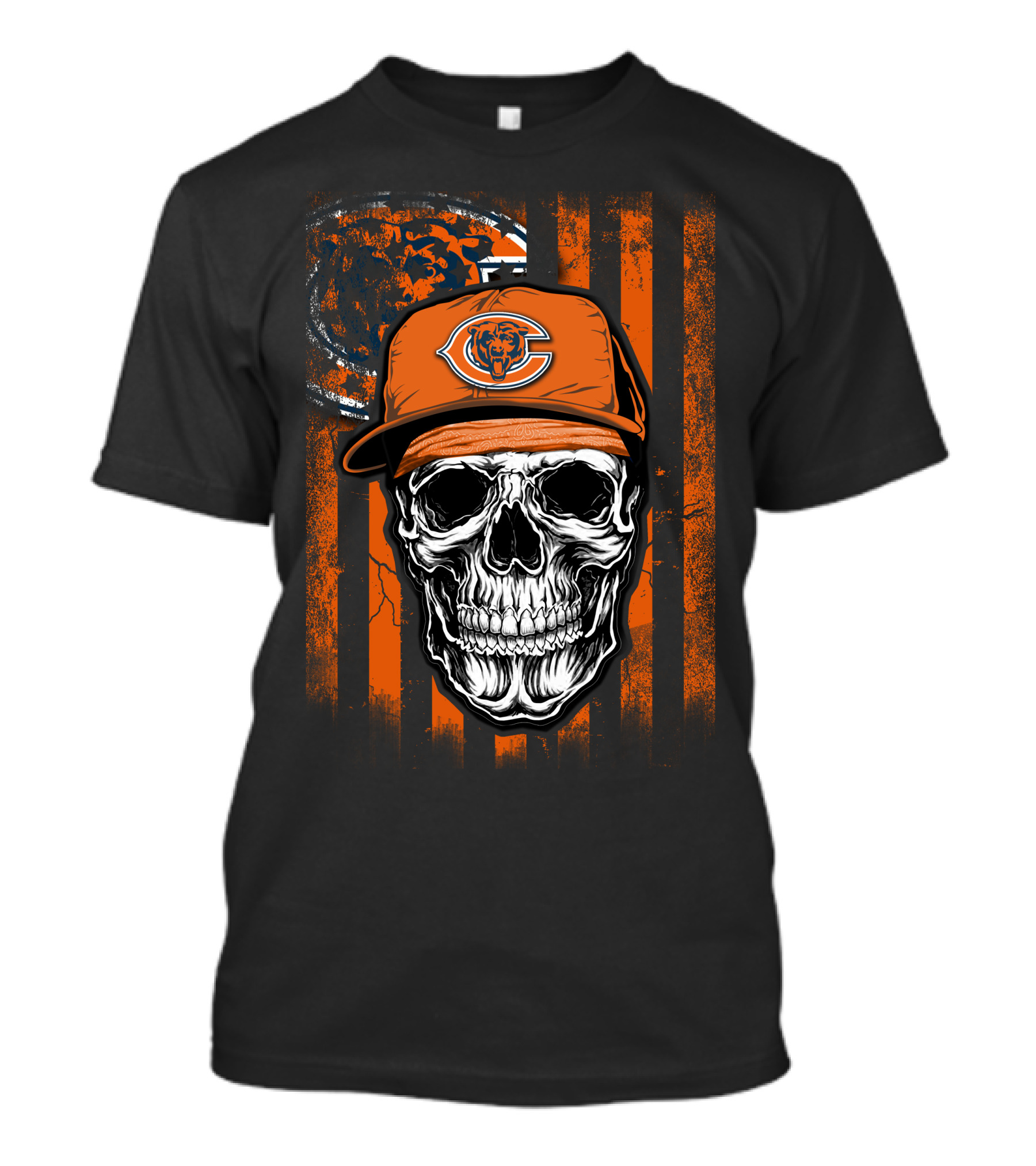 Skull Wearing Chicago Bears Cap With Orange Stripes And Logo Background T-Shirt