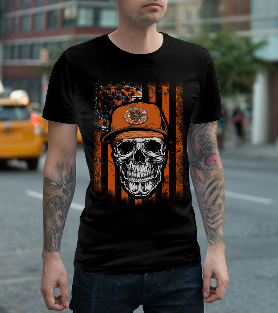 Skull Wearing Chicago Bears Cap with Orange Stripes and Logo Background T-Shirt