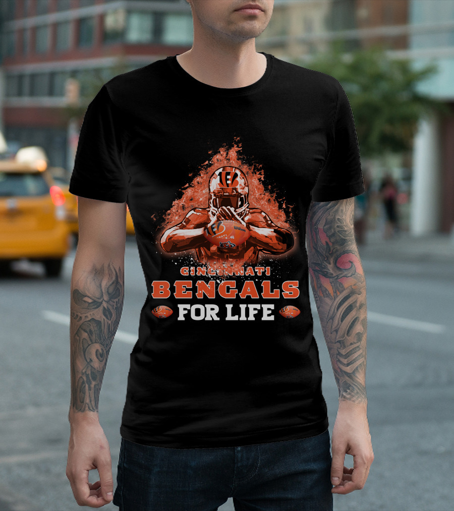 CINCINNATI BENGALS FOR LIFE Football Flame Helmet T-Shirt