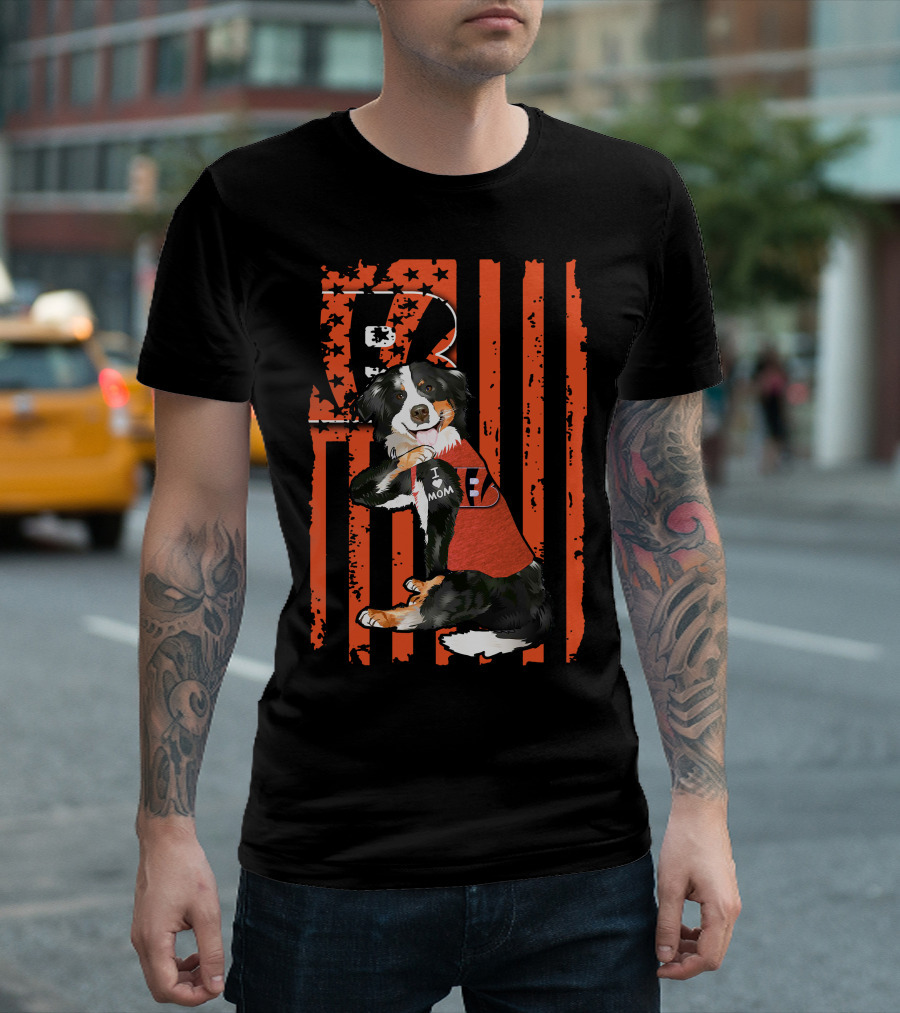 Border Collie I Love Mom Cincinnati Bengals Stripes T-Shirt