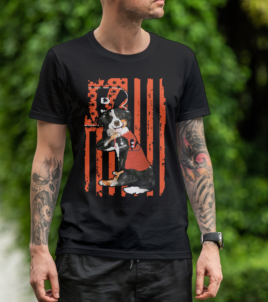 Border Collie I Love Mom Cincinnati Bengals Stripes T-Shirt