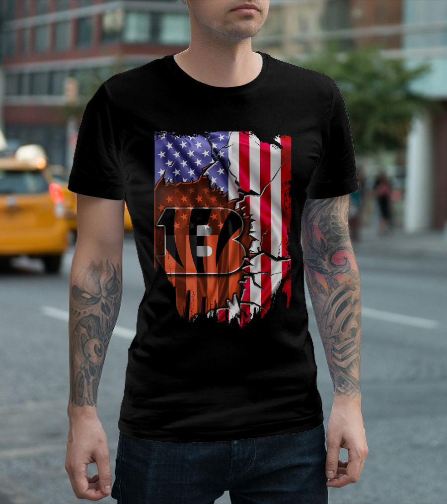 Bengals Stripes And American Flag Cincinnati Bengals 13 T-Shirt