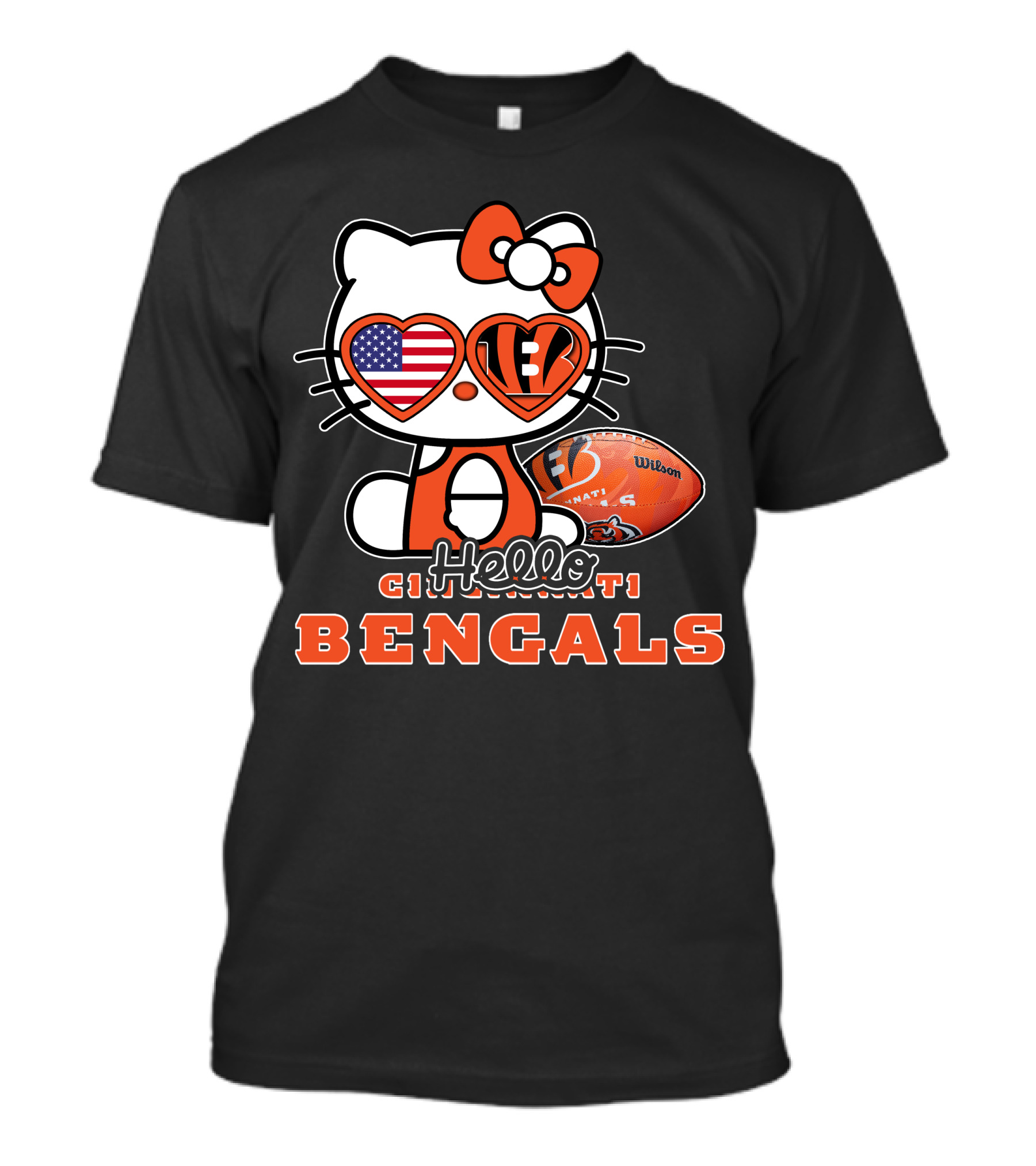 Hello Kitty Cincinnati Bengals Football Heart Glasses USA Flag T-Shirt