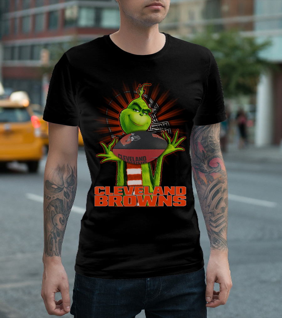 Grinch Holding Cleveland Browns Football Emblem T-Shirt