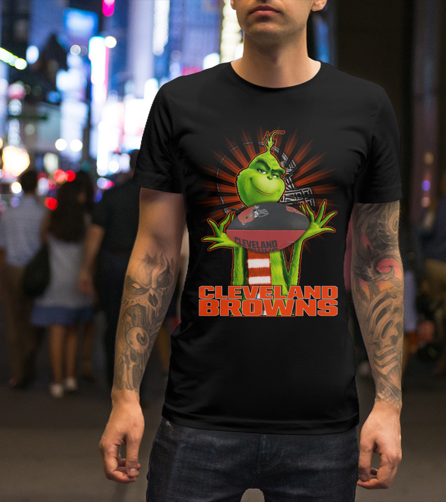Grinch Holding Cleveland Browns Football Emblem T-Shirt