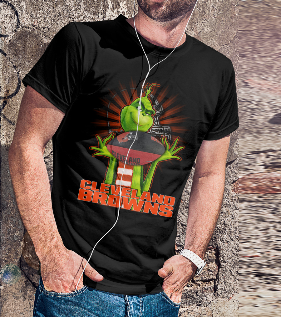 Grinch Holding Cleveland Browns Football Emblem T-Shirt
