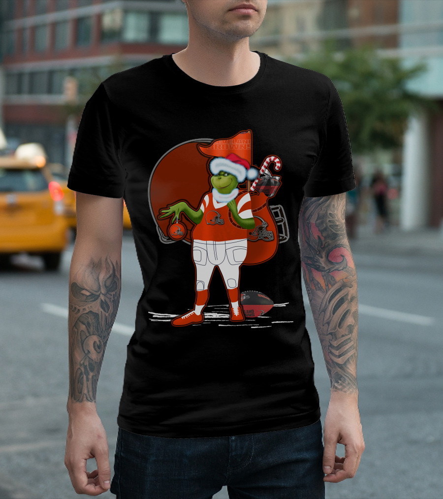 Grinchxmas Cleveland Browns Festive Football Santa with Helmet and Candy Cane T-Shirt