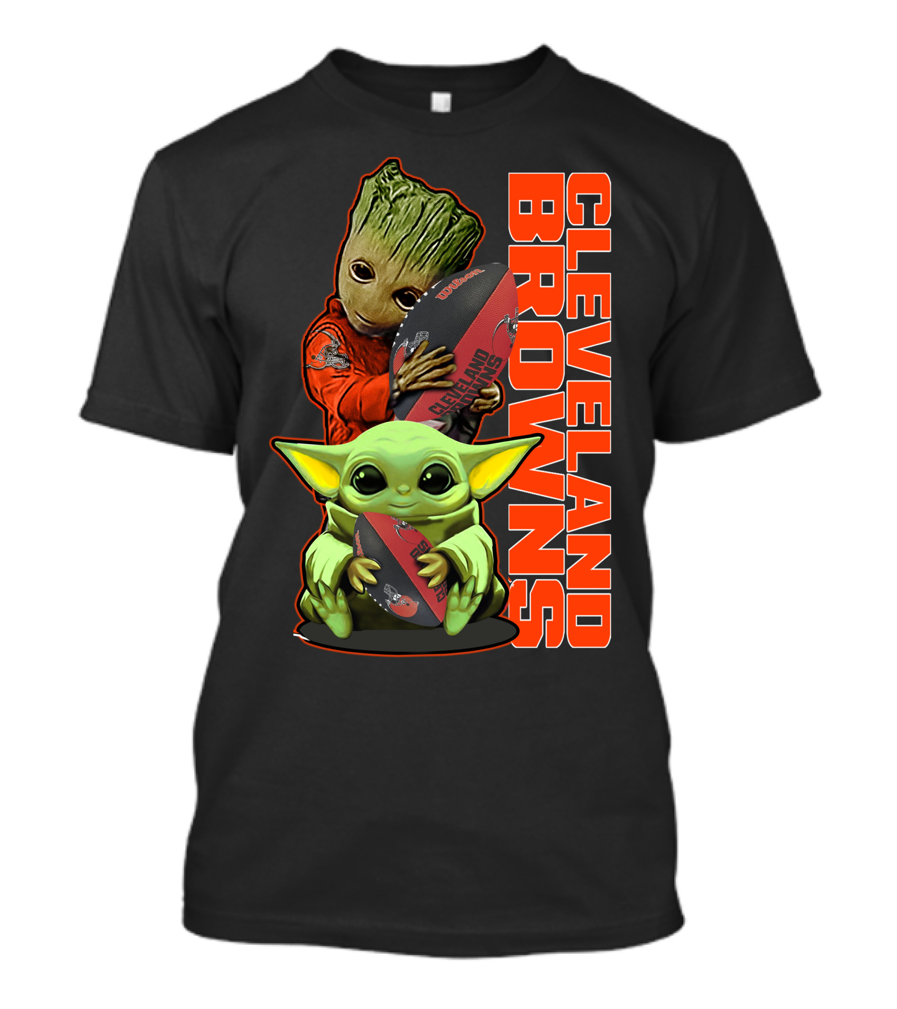 CLEVELAND BROWNS Groot And Baby Yoda Holding Football T-Shirt