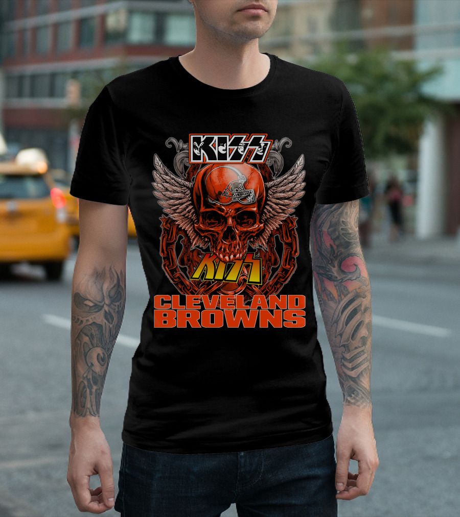 Kiss Cleveland Browns Skull Helmet Wings T-Shirt