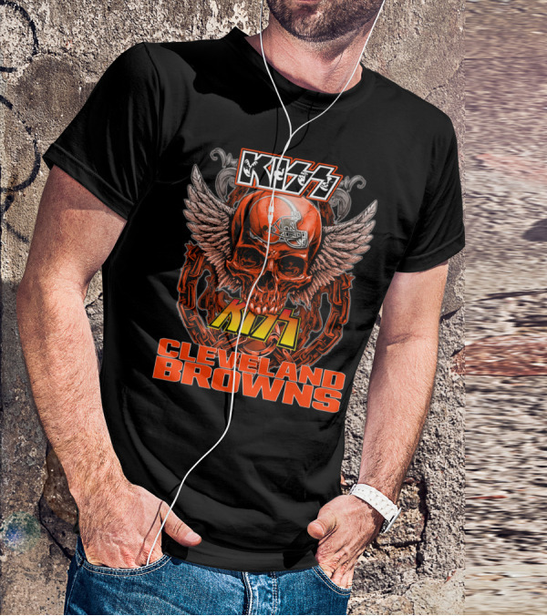 Kiss Cleveland Browns Skull Helmet Wings T-Shirt