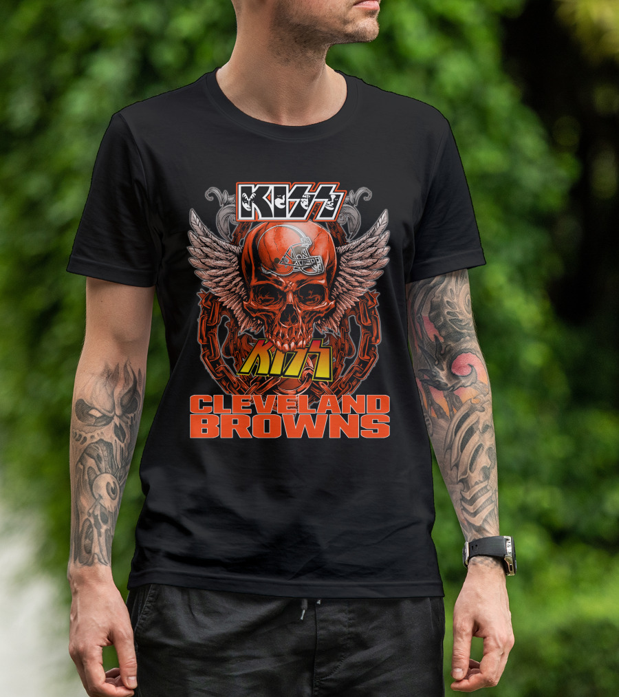 Kiss Cleveland Browns Skull Helmet Wings T-Shirt
