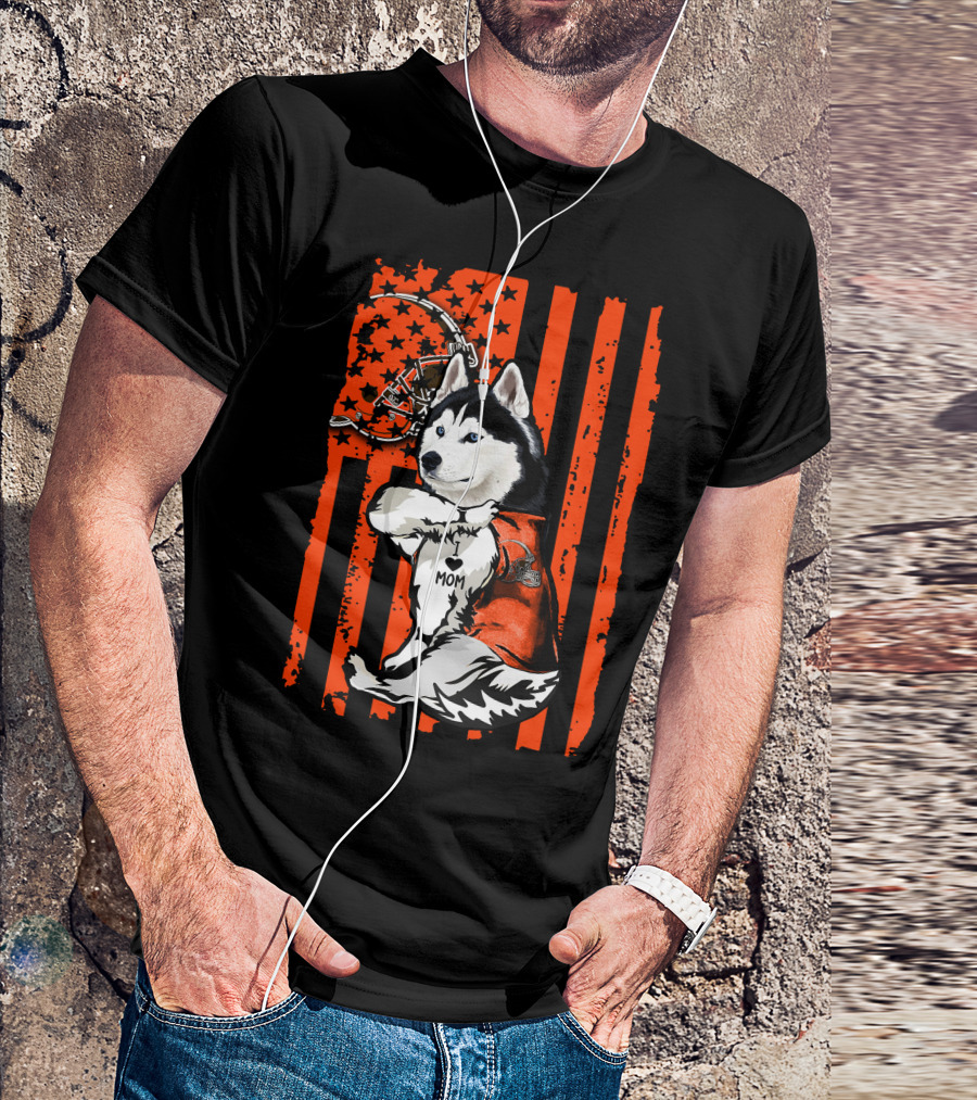 Siberian Husky With Football Helmet And Orange Flag Cleveland Browns T-Shirt