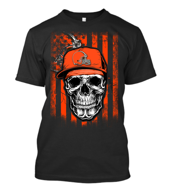 Cleveland Browns Skull Helmet Hat Orange Black Stripes T-Shirt