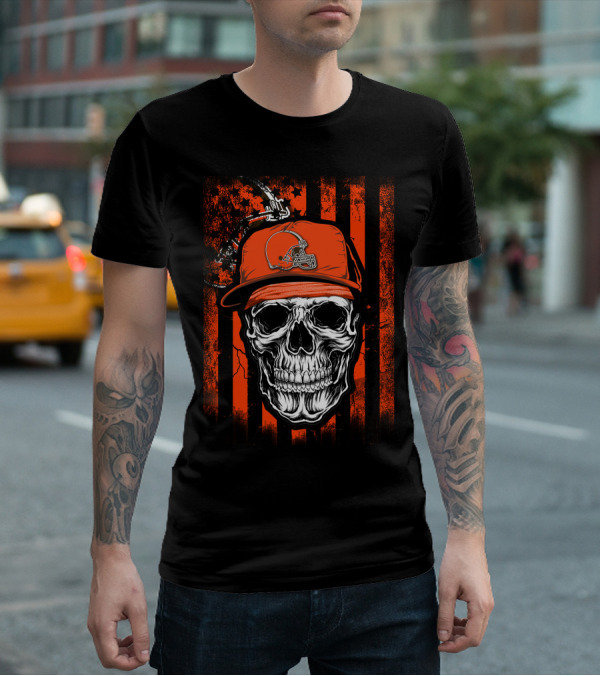 Cleveland Browns Skull Helmet Hat Orange Black Stripes T-Shirt